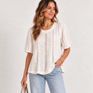 Me + Em Short Sleeve Pointelle Knit Sweater Top Ivory Crew Neck Large